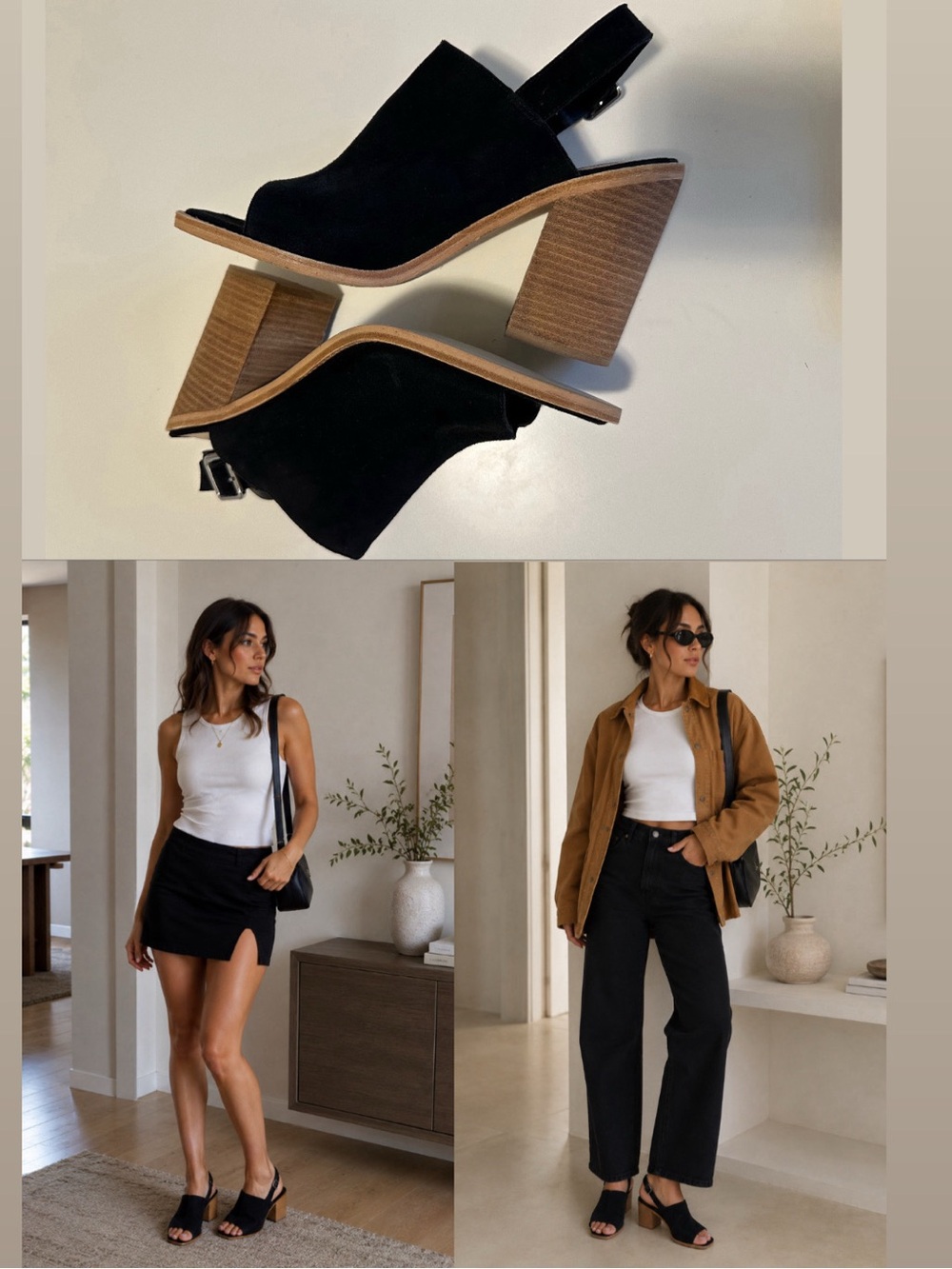 Steven Madden Black Suede Peep Toe Slingback Heels | Wood Block Heels |